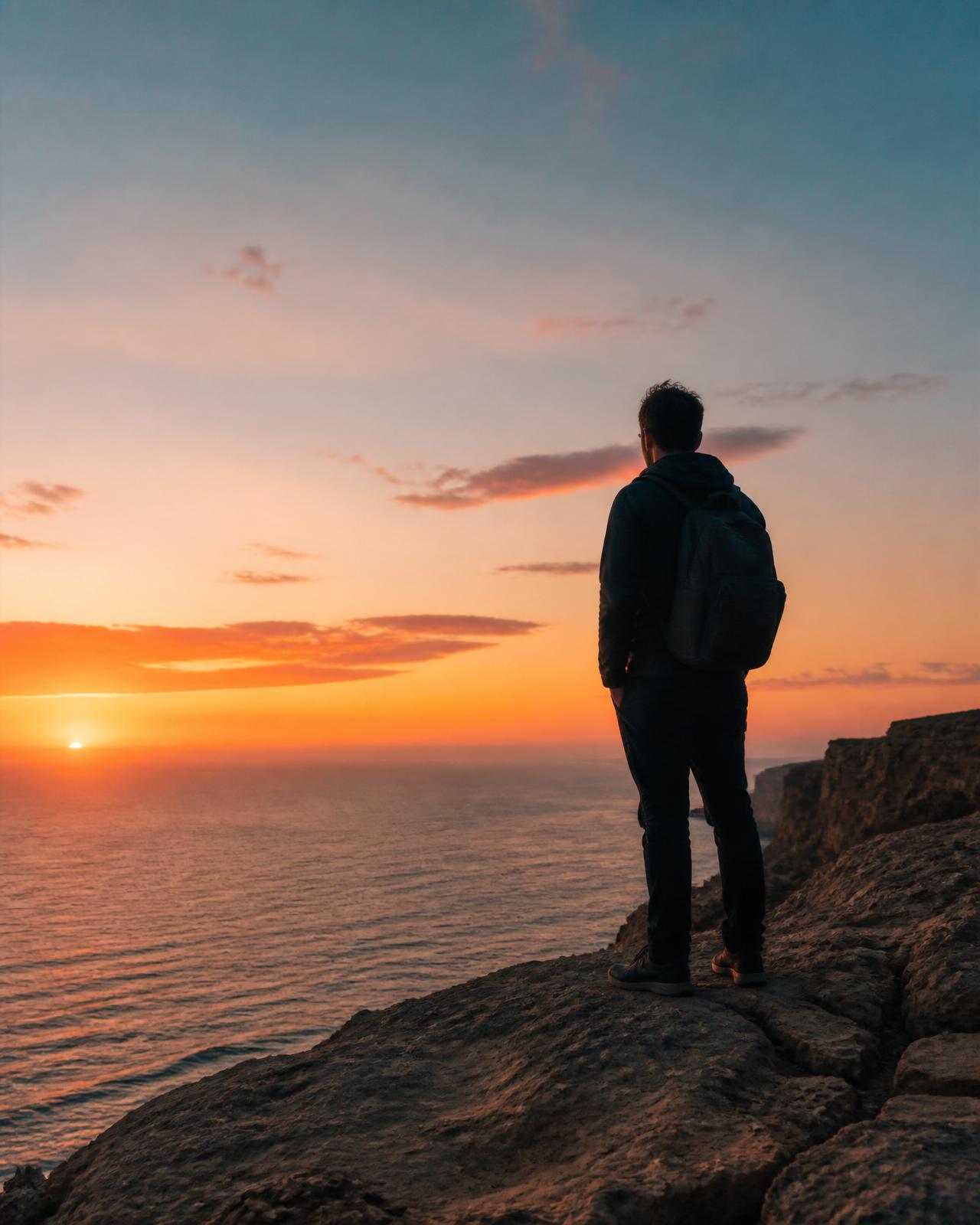 Digital nomad watching the sunrise from a cliff above the ocean